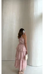 Kat Kat Şifon Desenli Elbise - Pembe - Kod: 3221