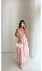 Kat Kat Şifon Desenli Elbise - Pembe - Kod: 3221