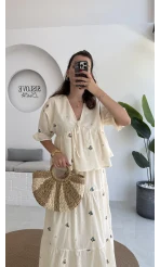 Kath Çiçek İşlemeli Bluz Etek Takım - Taş - 1042 - 5032
