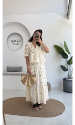Kath Çiçek İşlemeli Bluz Etek Takım - Taş - 1042 - 5032
