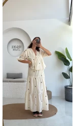 Kath Çiçek İşlemeli Bluz Etek Takım - Taş - 1042 - 5032