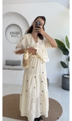 Kath Çiçek İşlemeli Bluz Etek Takım - Taş - 1042 - 5032