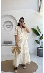 Kath Çiçek İşlemeli Bluz Etek Takım - Taş - 1042 - 5032