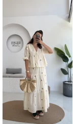 Kath Çiçek İşlemeli Bluz Etek Takım - Taş - 1042 - 5032