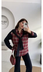 Kaylee Bağlamalı Sweat Detay Ekose Gömlek Takım - Bordo