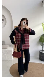 Kaylee Bağlamalı Sweat Detay Ekose Gömlek Takım - Bordo