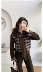 Kaylee Bağlamalı Sweat Detay Ekose Gömlek Takım - Kahverengi