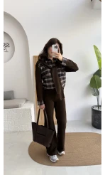 Kaylee Bağlamalı Sweat Detay Ekose Gömlek Takım - Kahverengi