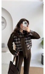 Kaylee Bağlamalı Sweat Detay Ekose Gömlek Takım - Kahverengi