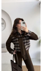 Kaylee Bağlamalı Sweat Detay Ekose Gömlek Takım - Kahverengi