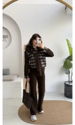 Kaylee Bağlamalı Sweat Detay Ekose Gömlek Takım - Kahverengi