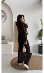 Kaylee Bağlamalı Sweat Detay Ekose Gömlek Takım - Kahverengi