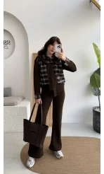 Kaylee Bağlamalı Sweat Detay Ekose Gömlek Takım - Kahverengi