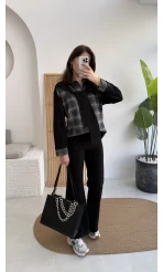 Kaylee Bağlamalı Sweat Detay Ekose Gömlek Takım - Siyah