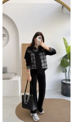 Kaylee Bağlamalı Sweat Detay Ekose Gömlek Takım - Siyah