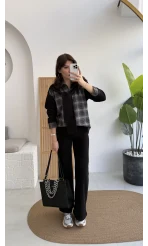 Kaylee Bağlamalı Sweat Detay Ekose Gömlek Takım - Siyah