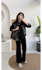 Kaylee Bağlamalı Sweat Detay Ekose Gömlek Takım - Siyah