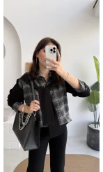 Kaylee Bağlamalı Sweat Detay Ekose Gömlek Takım - Siyah