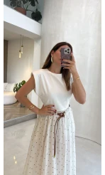 Kelly Kemerli Puantiyeli Garnili Elbise - Ekru - Kod: 0105