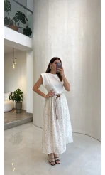 Kelly Kemerli Puantiyeli Garnili Elbise - Ekru - Kod: 0105