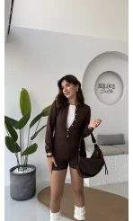 Kelly Triko Bodysuit Hırka Şort Takım - Kahverengi