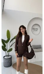 Kelly Triko Bodysuit Hırka Şort Takım - Kahverengi