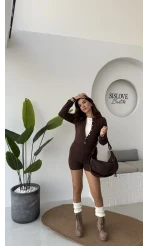 Kelly Triko Bodysuit Hırka Şort Takım - Kahverengi