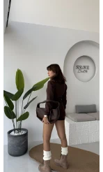 Kelly Triko Bodysuit Hırka Şort Takım - Kahverengi