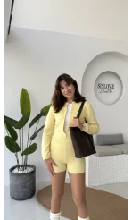 Kelly Triko Bodysuit Hırka Şort Takım - Sarı