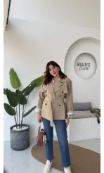 Kemerli Ara Yakalı Trenç - Camel - Kod: 9587
