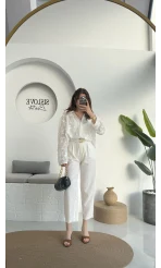 Kemerli Keten Pantolon Beyaz - 50985