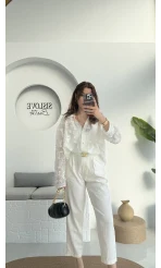 Kemerli Keten Pantolon Beyaz - 50985