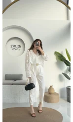 Kemerli Keten Pantolon Beyaz - 50985