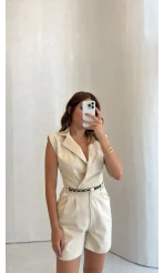 Kemerli Kısa Şort Tulum - Taş - Kod: 581173