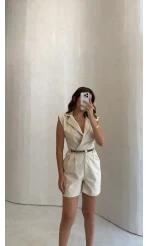 Kemerli Kısa Şort Tulum - Taş - Kod: 581173