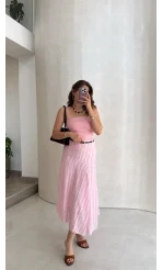 Kemerli Püskül Detay Etek - Pembe - Kod: 5096