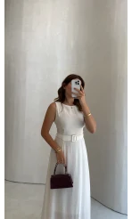Kemerli Sıfır Kol Modal Elbise - Ekru - Kod: 3093
