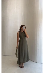 Kemerli Sıfır Kol Modal Elbise - Haki - Kod: 3093