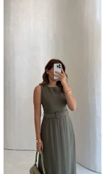 Kemerli Sıfır Kol Modal Elbise - Haki - Kod: 3093