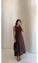 Kemerli Sıfır Kol Modal Elbise - Kahve - Kod: 3093