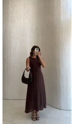 Kemerli Sıfır Kol Modal Elbise - Kahve - Kod: 3093