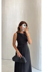 Kemerli Sıfır Kol Modal Elbise - Siyah - Kod: 3093