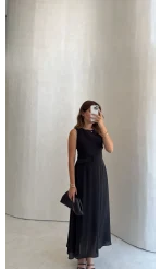 Kemerli Sıfır Kol Modal Elbise - Siyah - Kod: 3093