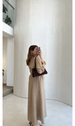 Kemerli Uzun Elbise - Vizon - Kod: 3431