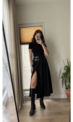 Kemerli Yırtmaçlı Siyah Etek