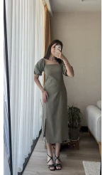 Keten Balon Kol Haki Elbise