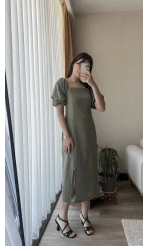 Keten Balon Kol Haki Elbise