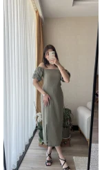 Keten Balon Kol Haki Elbise