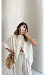 Keten Bluz Pantolon Takım - Beyaz - Kod: 51402