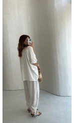 Keten Bluz Pantolon Takım - Beyaz - Kod: 51402